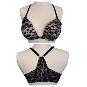 Aerie 34C Black Cream Lace Padded Push Up Underwire Front Closure Racerback Bra